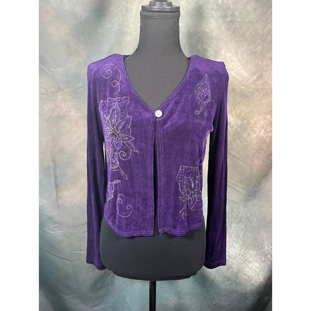 Vintage Jessica Howard Purple Floral Embroidered Ribbed Cardigan Jacket Sz 6P